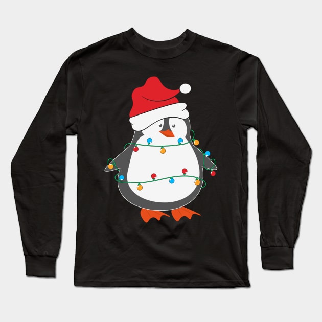 Funny Penguin Santa Hat Christmas Lights Christmas Tree Penguin Lover Christmas Gift Long Sleeve T-Shirt by BadDesignCo